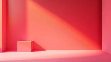 Minimalist coral scene featuring a simple cube and stark lighting, creating contrast and focus on shape and color in the abstract composition. photo