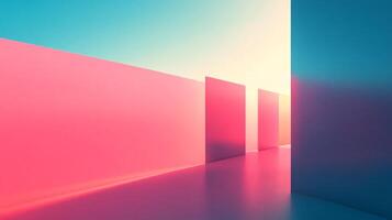 Abstract perspective featuring a hallway with geometric blocks in soft pink, blue, and beige tones and gentle lighting. photo