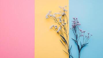 Delicate floral arrangements on vibrant pastel backgrounds create a visually appealing and calming aesthetic. Colors blend beautifully. photo