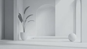 Minimalist white space with geometric shapes and a plant, creating a serene and modern atmosphere. Lighting adds depth and visual interest. photo