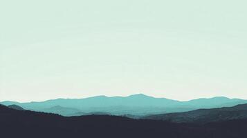 A serene landscape of layered mountain ranges receding into a soft, pale blue sky. Minimalist and calming. A sense of vastness and peace. photo