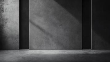 Minimalist gray backdrop featuring textured walls and reflective floor, enhanced by subtle lighting to emphasize depth and visual appeal. photo
