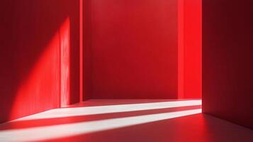 A vivid, minimalist composition featuring bold red walls and a floor illuminated by stark white light, creating dramatic shadows and depth. photo