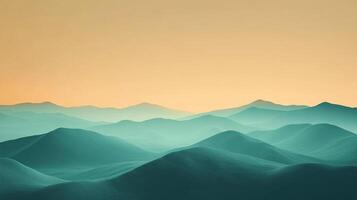 Serene mountain range fading into the horizon, painted in calming teal hues against a soft peach sky, embodying peace and tranquility. photo
