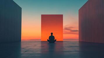 Silhouette of a person meditating in front of a portal during a colorful sunset, fostering serenity and contemplation, inviting reflection. photo