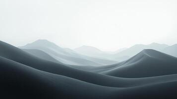 Serene landscape with rolling dunes and distant mountains, presented in a calming, monochrome palette. Soft light creates a peaceful scene. photo