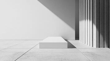 Minimalist stage in a pristine, modern setting illuminated by sunlight, highlighting pure architectural lines and neutral tones. photo