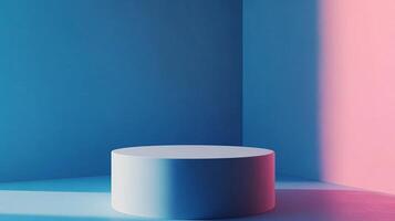 Minimalist product display featuring a cylinder in a geometric, color-blocked space with contrasting pink and blue lighting. photo