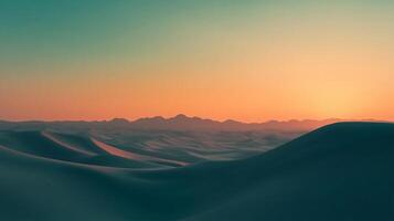 Serene desert landscape at dusk, featuring rolling dunes and a gradient sky. A peaceful scene with a view of mountains in the distance. photo