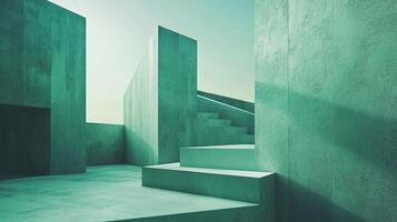 Abstract architecture presents a minimalist, concrete stairway, highlighted in shades of green, under the daylight sky. Serene design. photo