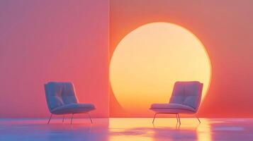 Two upholstered chairs bathed in warm light, positioned near a large, circular illuminated backdrop on a reflective surface. photo