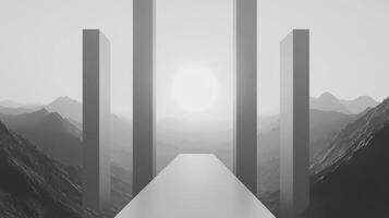 Monochromatic mountain vista featuring geometric structures and a path leading toward a bright sun, evoking a sense of serenity and isolation. photo