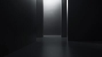 An abstract view of an empty dark corridor, with gray geometric pillars and a glowing entrance creating a mysterious depth effect. photo