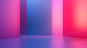 Abstract color block geometric scene featuring pink, blue and red with a reflective surface. Modern design with vibrant gradient lighting. photo