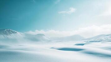 Vast, snowy landscape beneath a bright sky, showcasing a remote, cold environment with undulating hills and distant mountains. photo