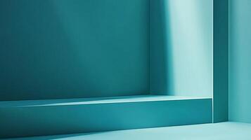 Abstract teal room with light cascading down the corner, casting an intriguing shadow, creating a serene and contemporary ambiance. photo