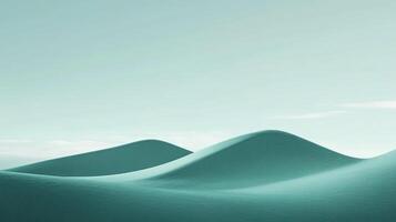 Minimalist turquoise landscape featuring soft sand dunes against a pale sky, evoking calmness and serenity with its smooth, undulating forms. photo
