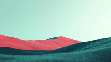 Minimalistic hills landscape in magenta and turquoise against a pastel sky. Simple yet striking visual contrasts and serene atmosphere. photo
