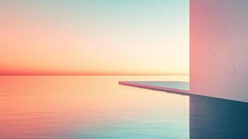 Serene sunset reflects over tranquil waters, where a minimal platform meets a wall, creating a peaceful and contemplative seascape. photo