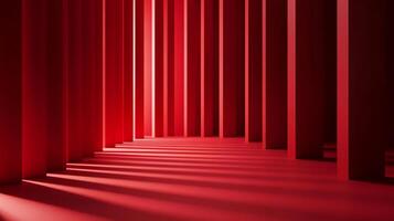 A striking architectural arrangement featuring parallel red pillars, casting linear shadows on a matching red surface. Minimalist and bold. photo