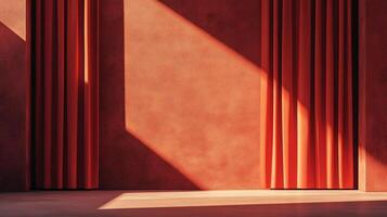 Abstract view of vertical curtains against a red wall with interesting light and shadows creates a compelling architectural composition. photo