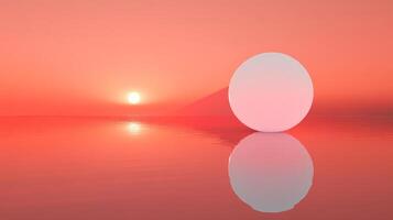 A spherical object rests near water with sunset as the sky is orange with sun and horizon, with the light object reflected on the water. photo