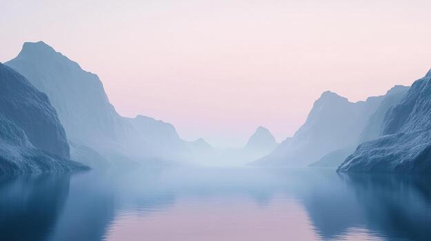 Serene mountain range reflecting in calm lake under a soft, muted sky, creating a tranquil and ethereal atmosphere. photo