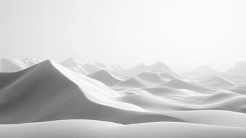 Monochromatic landscape of rolling hills and mountains blanketed in white, creating a serene and ethereal atmosphere. photo