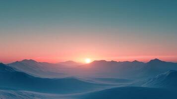 Serene sunset over a mountain range, colors are vibrant and soft, creating a tranquil scene. Silhouetted peaks add depth to the panorama. photo