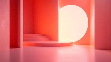 Abstract minimal studio setup with a circular window and stairs in shades of coral and pink, perfect for product showcases. photo
