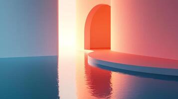Abstract architecture with light reflecting on the water. The scene uses a minimalistic, modern design with clean lines and pastel colors. photo