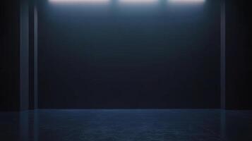 Abstract space showcasing a dark room bathed in atmospheric blue light, creating an intriguing and minimalist architectural background. photo