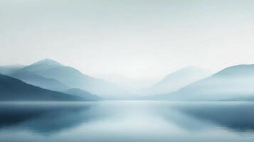 Serene mountain reflections shimmering on tranquil waters, creating a breathtaking landscape in shades of calming blues and misty whites. photo