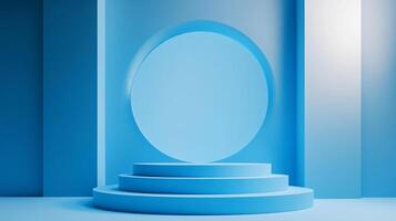 Elegant blue platform with a circular backdrop for product display or presentation, conveying sophistication and minimalistic style. photo