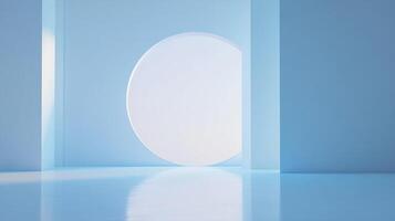 A minimalist, blue-toned scene features a circular window or opening, creating a calming, architectural impression with serene hues. photo
