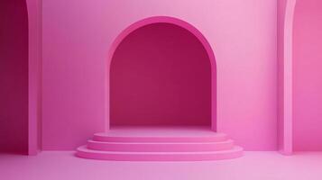 Minimalist pink architecture with archway and steps creating a serene and geometric aesthetic, offering a sense of calm and quiet. photo