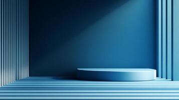 A minimalist blue display room with geometric patterns created by light and shadow, features a round podium for product presentation. photo