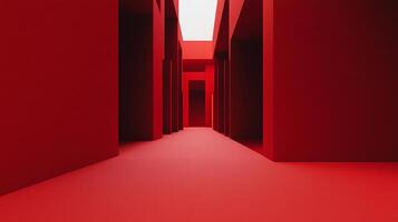 Abstract red hallway perspective. Minimalist architecture with geometric shapes and clean lines. Illuminated by natural light overhead. photo