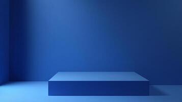A minimalist, solid blue cube sits in a similarly colored room, illuminated to create a soft shadow gradient emphasizing its simple form. photo