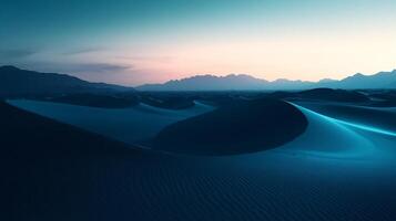 Mystical dunes landscape. Sand patterns create mesmerizing textures, with mountains silhouetted against a soft, hazy sky at dusk. photo