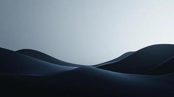 Abstract undulating landscape, with layered blue waves, under a soft grey gradient sky. Dark foreground contrasting with light backdrop. photo
