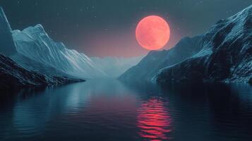 A serene landscape with mountains, still water, and a vibrant, full moon casting a red reflection across the calm lake surface. photo