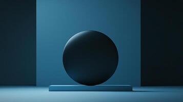 Monochromatic abstract composition featuring a central sphere placed on a platform, set against a backdrop of varying blue tones. photo