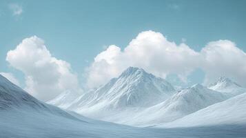 A serene view of snow-covered mountain peaks against a backdrop of soft blue sky and scattered clouds, evoking peace and tranquility. photo