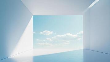 Minimalist architecture frames a bright sky with white clouds, creating a serene and airy atmosphere in a bright blue and white space. photo