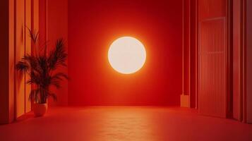 Minimalist red room with a glowing circular light source, potted plant, vertical architectural lines, and a subtle surreal ambiance. photo