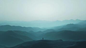Lone figure atop a hazy mountain, enveloped by a serene landscape. The monochromatic blue hues create a sense of calm and isolation. photo