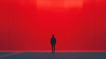 Figure stands before a large, imposing red wall, emphasizing solitude and reflection. Minimalist aesthetic, strong contrast, and stark simplicity. photo
