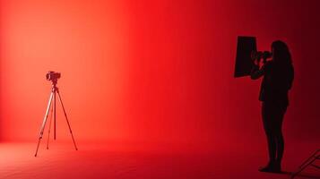 Red studio photoshoot with a camera on tripod and a photographer using a light modifier. Dramatic lighting setup. photo