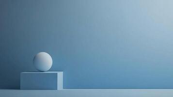 Minimalist composition featuring a sphere resting on a cubic pedestal, set against a soft, light blue monochromatic backdrop with gradient. photo
